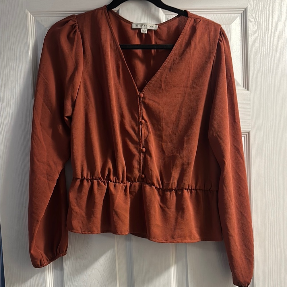 Olive & Oak Brown Long Sleeve Peplum Blouse